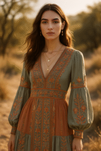 Bohemian Revival - Featuring a model in a sage green and terracotta embroidered dress with artisanal details in a warm, natural setting
