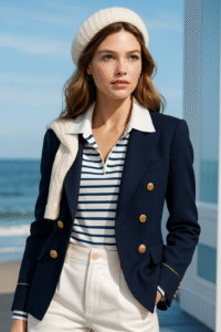 Coastal Cool - Showcasing nautical-inspired style with a navy blazer, gold buttons, and Breton stripes