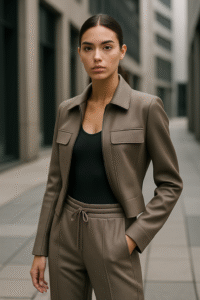 Elevated Athleisure - Demonstrating refined athletic-inspired pieces with a structured jacket and tailored pants in an urban setting