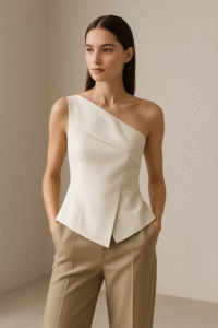 Meaningful Minimalism - Highlighting architectural elements with an asymmetrical one-shoulder top in neutral tones