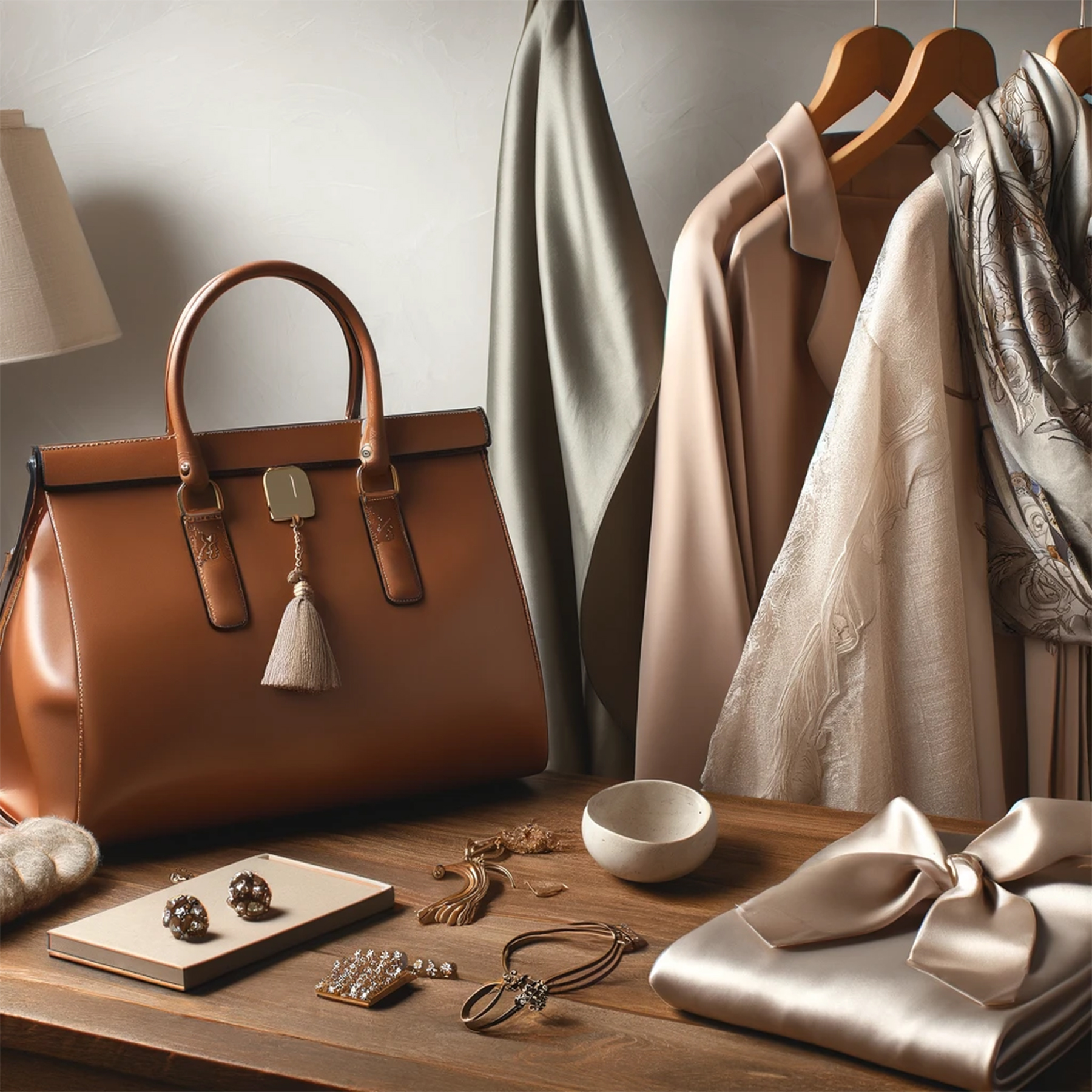 A minimalist wardrobe with neutral-toned tailored coats, silk scarves, and a leather handbag with no visible branding. Caption: “Luxury whispers, never shouts.”