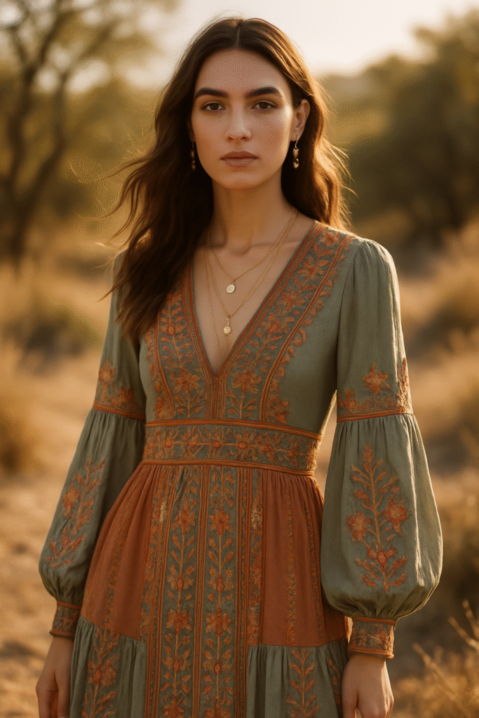 Bohemian Revival - Featuring a model in a sage green and terracotta embroidered dress with artisanal details in a warm, natural setting