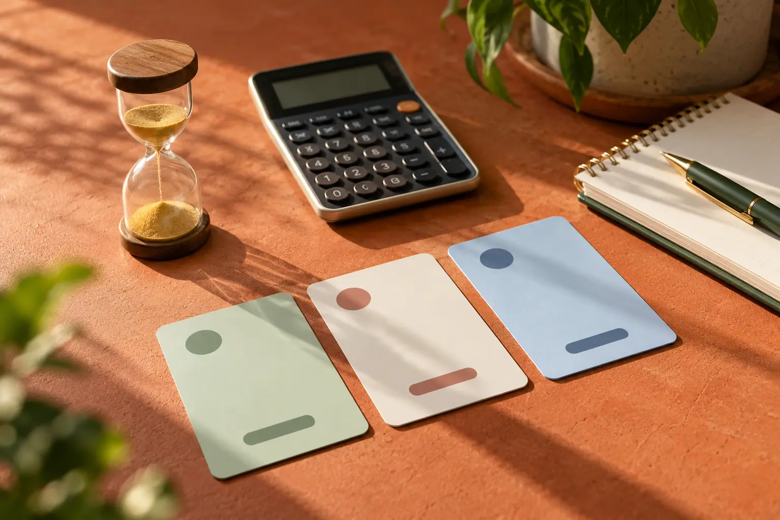 An hourglass, calculator and three subscription cards on a terracotta surface.