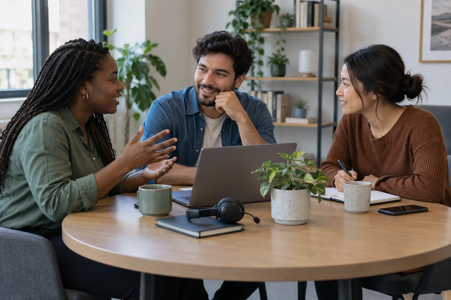 A small support team discussing work around a circular table.