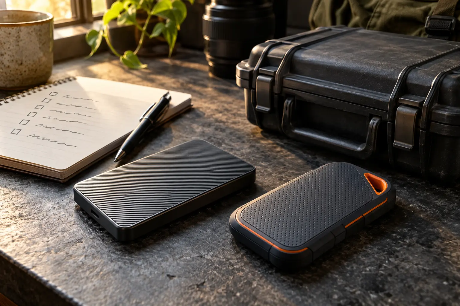Two external storage drives beside an archive case and a checklist.
