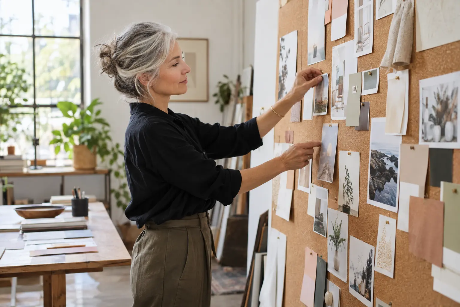 A mature professional arranging portfolio cards on a corkboard.