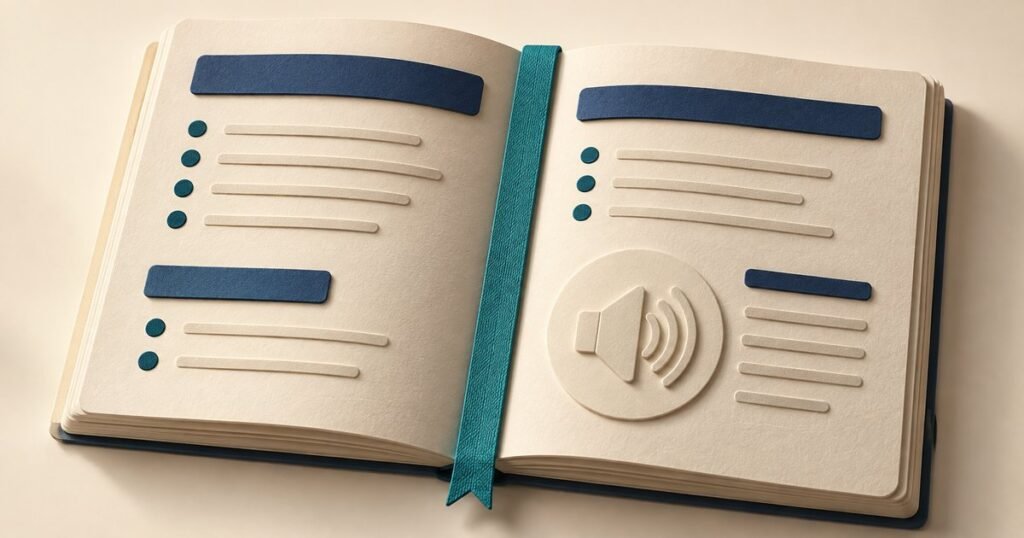 Tactile booklet illustration showing heading bars, lists, and an embossed speaker symbol.