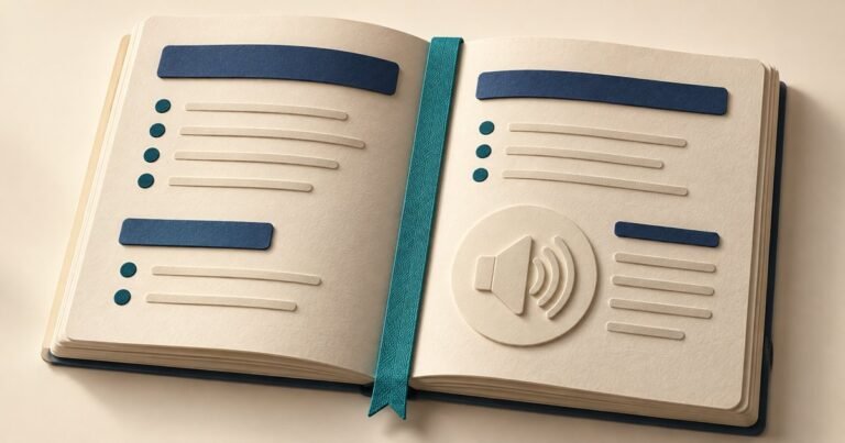 Tactile booklet illustration showing heading bars, lists, and an embossed speaker symbol.