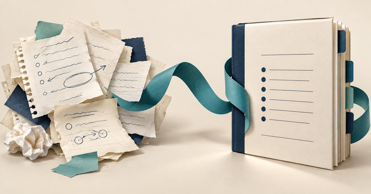Loose notes connected by a teal ribbon to an organized procedure booklet.