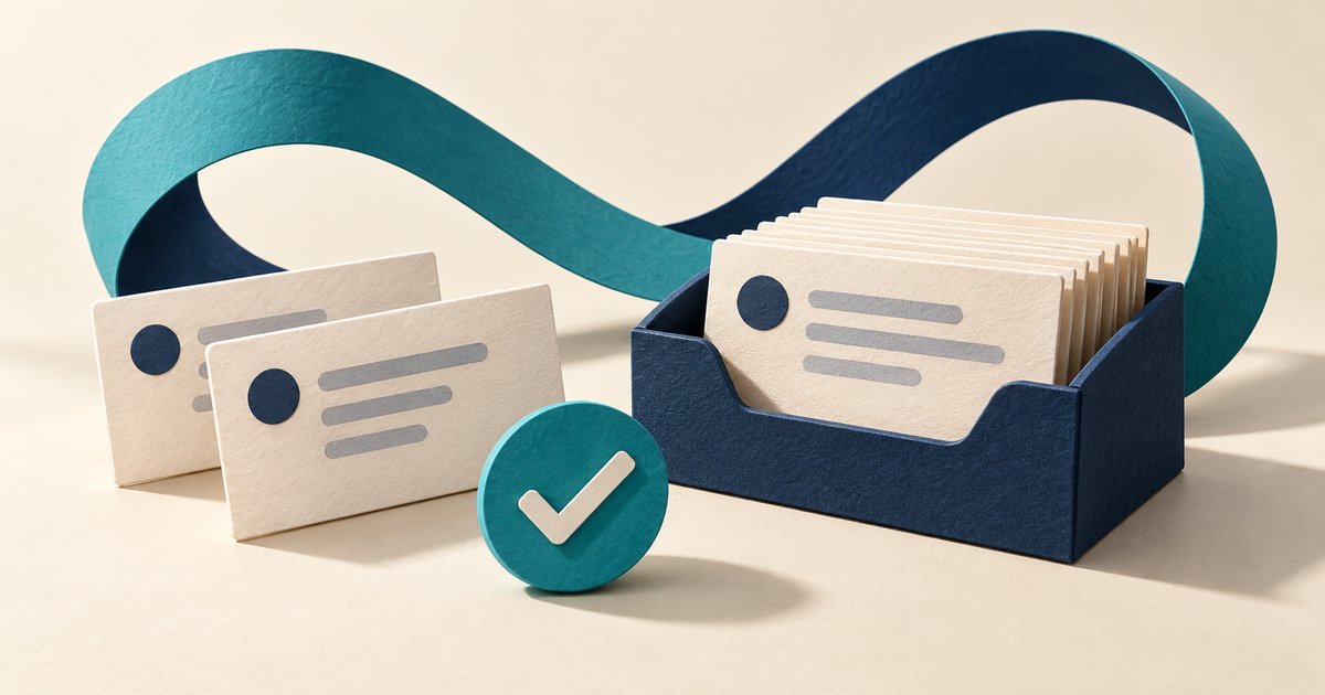 Duplicate paper message cards beside one inbox tray and a teal check token.