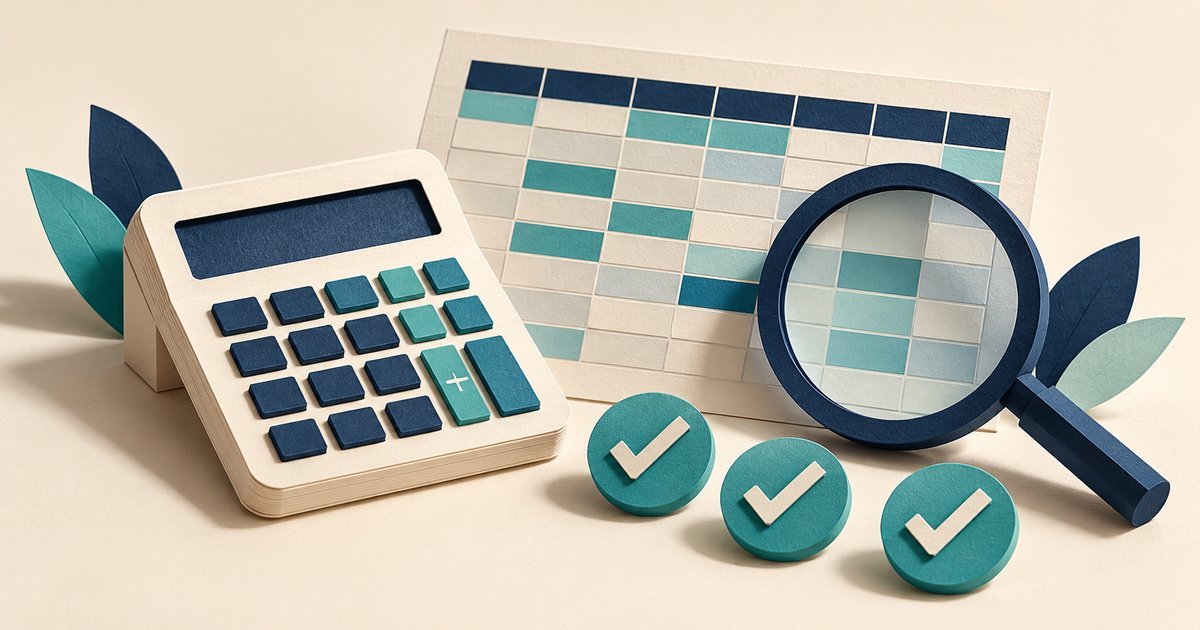 Paper calculator and spreadsheet grid with a magnifying glass and three check tokens.