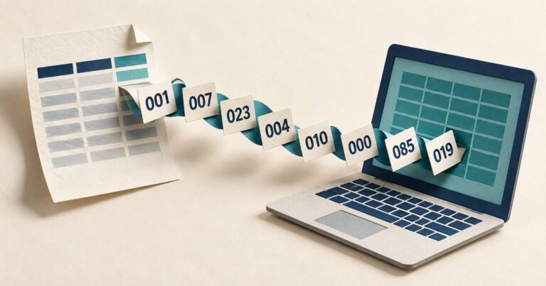 Spreadsheet import illustration with leading-zero number tiles moving from a paper sheet to a laptop.