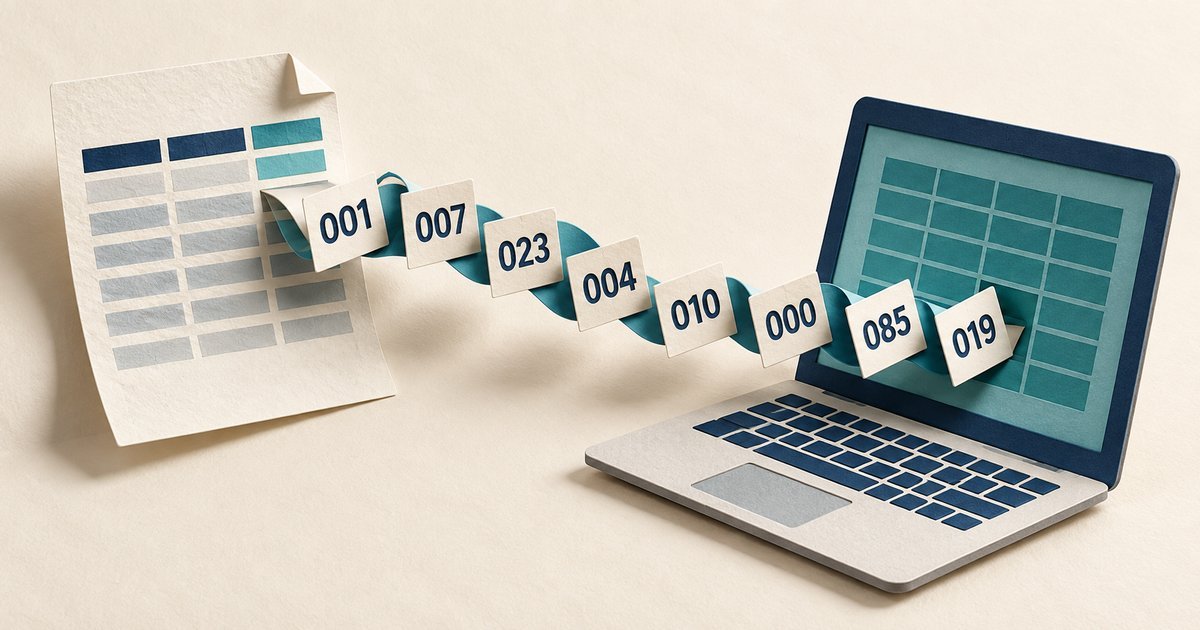 Spreadsheet import illustration with leading-zero number tiles moving from a paper sheet to a laptop.