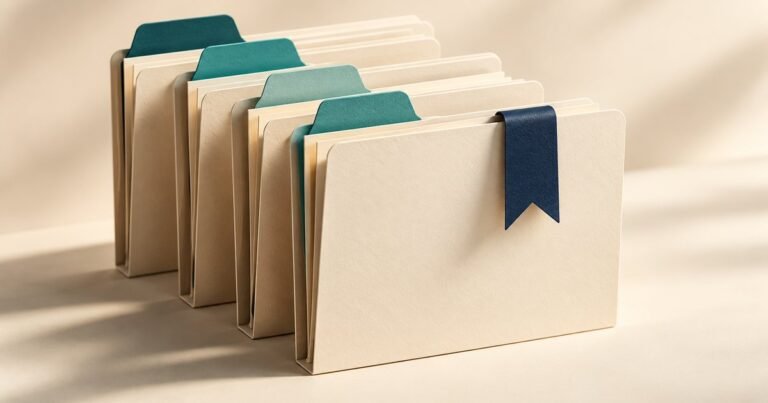 Organized paper folders with teal index tabs and a navy marker for the current document.