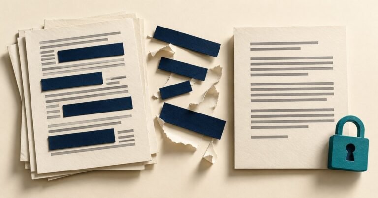 Conceptual paper illustration of redacted documents, removed strips, and a teal padlock.