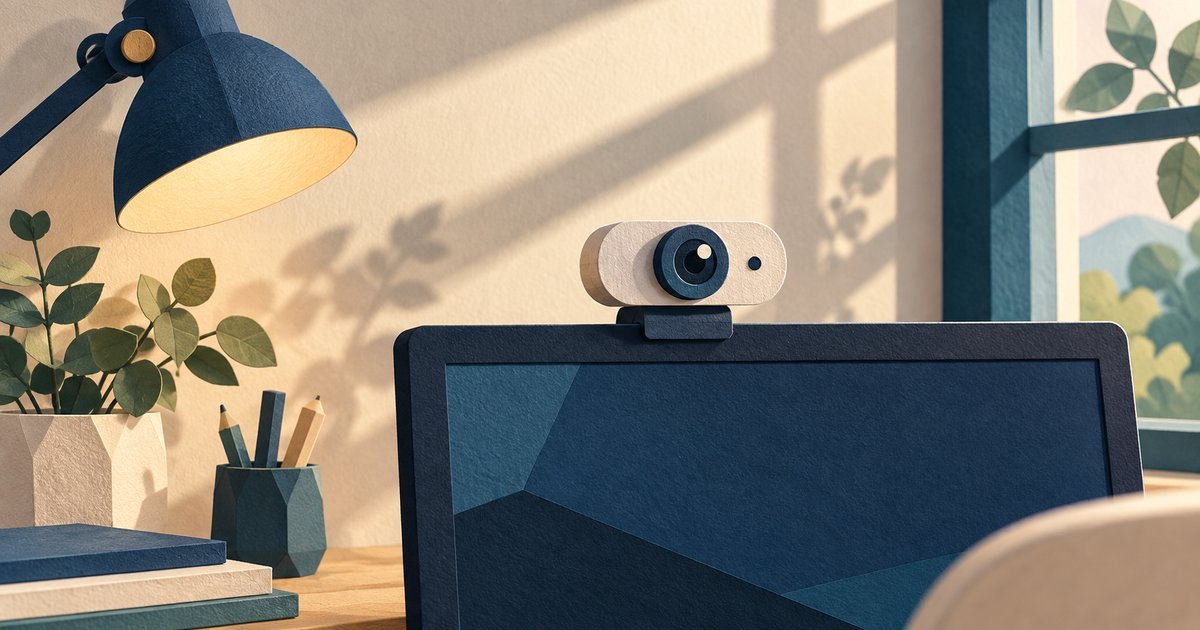 Paper webcam on a monitor beside a desk lamp and window in a warm home office.