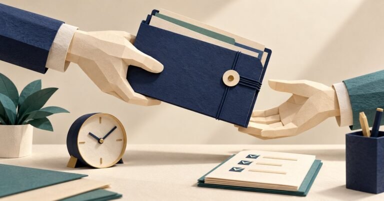 Two paper hands passing a document folder beside a clock and checklist.