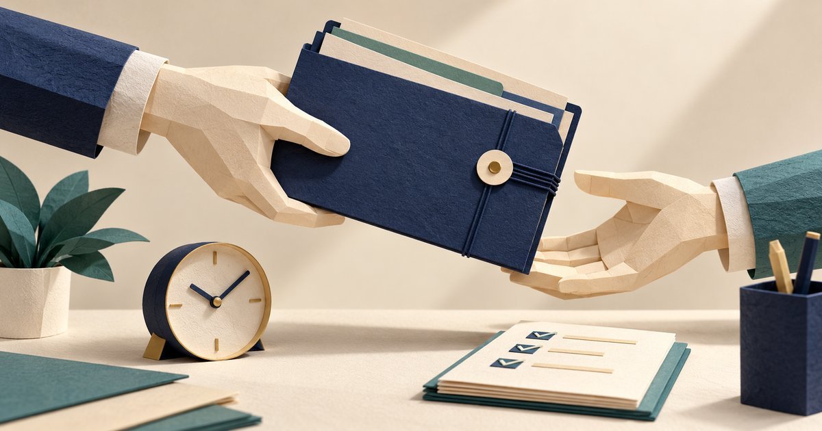 Two paper hands passing a document folder beside a clock and checklist.