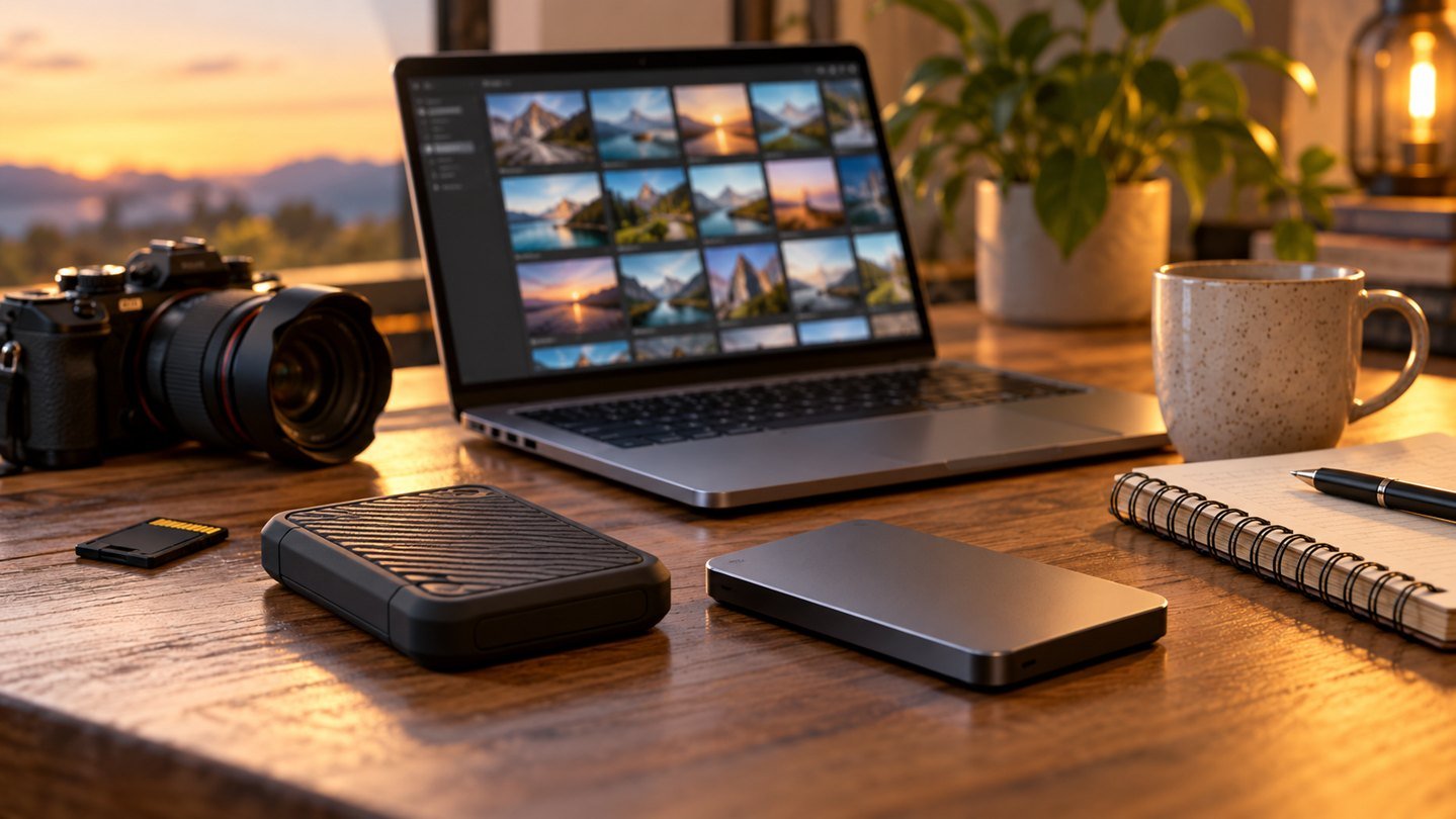 Creative workstation with laptop, camera and portable drives