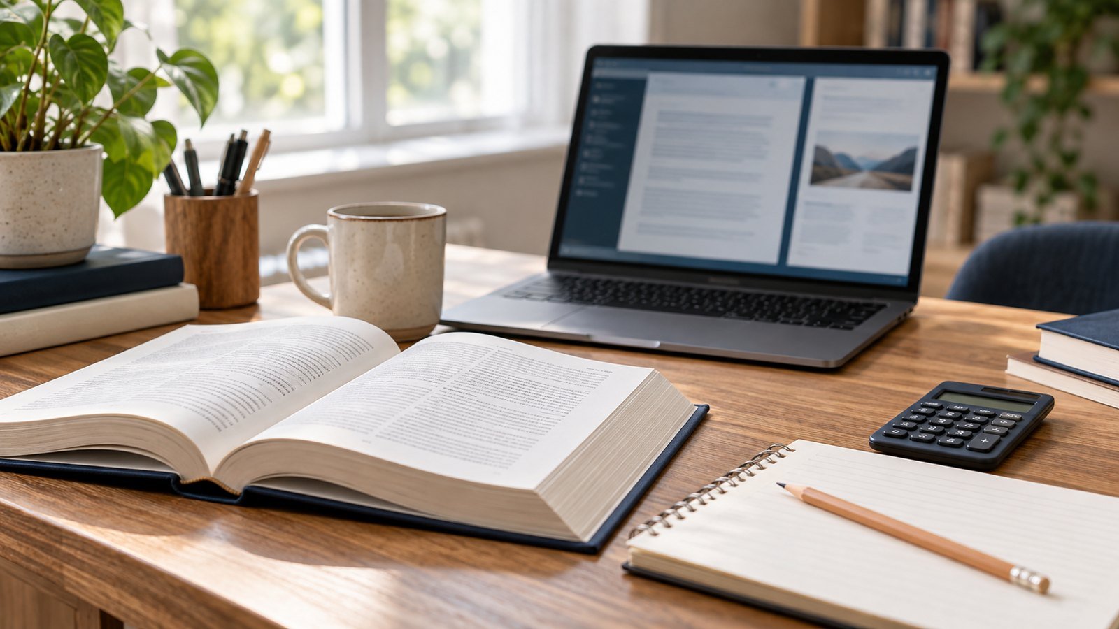 Laptop, open reference book, notebook and calculator on a research desk