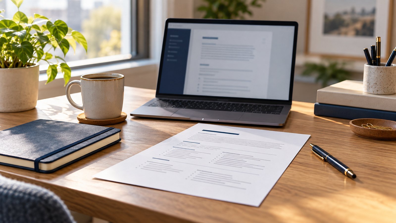Laptop, printed resume and pen arranged for job application preparation