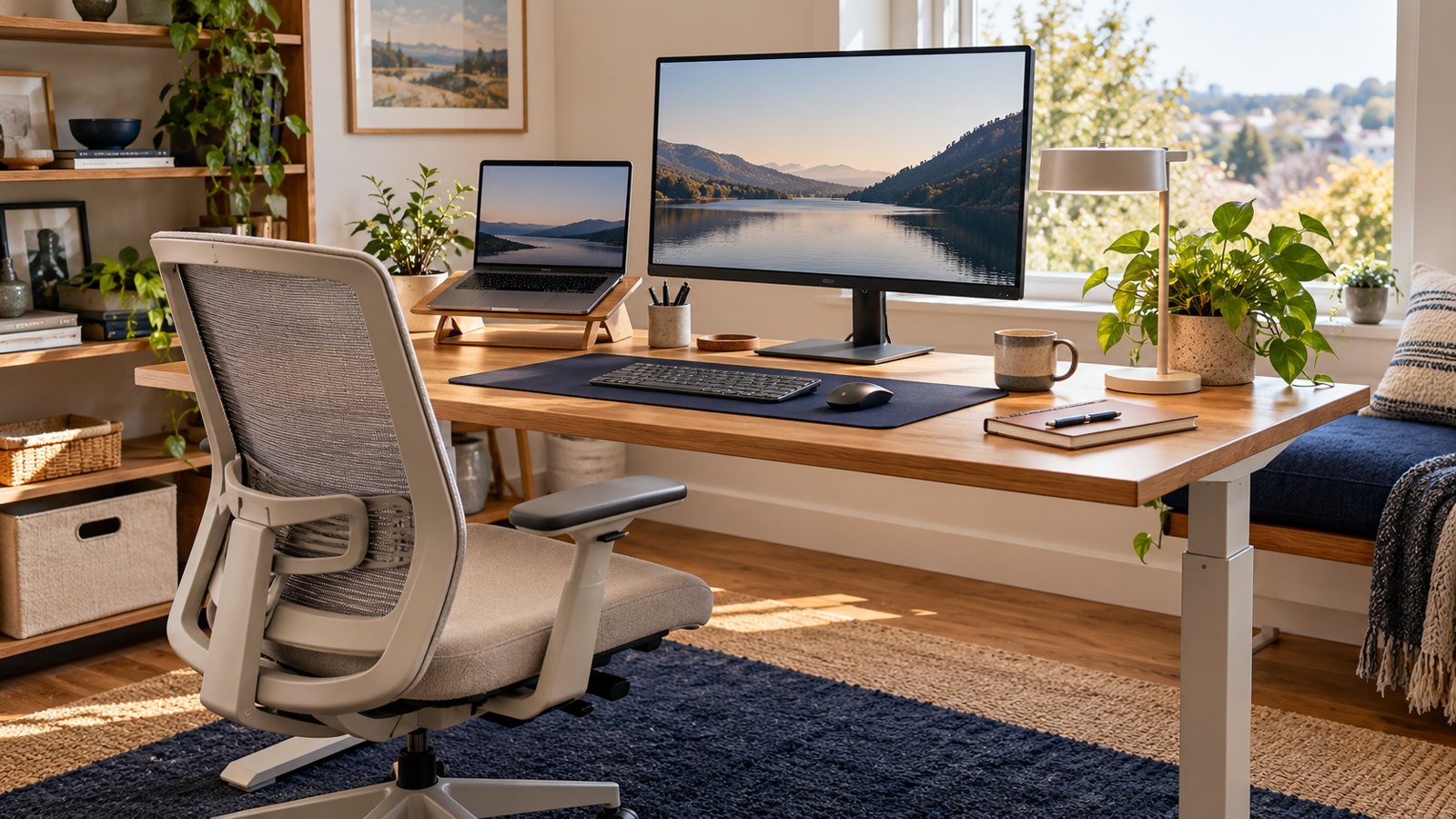 Adjustable desk, office chair, raised laptop and separate keyboard