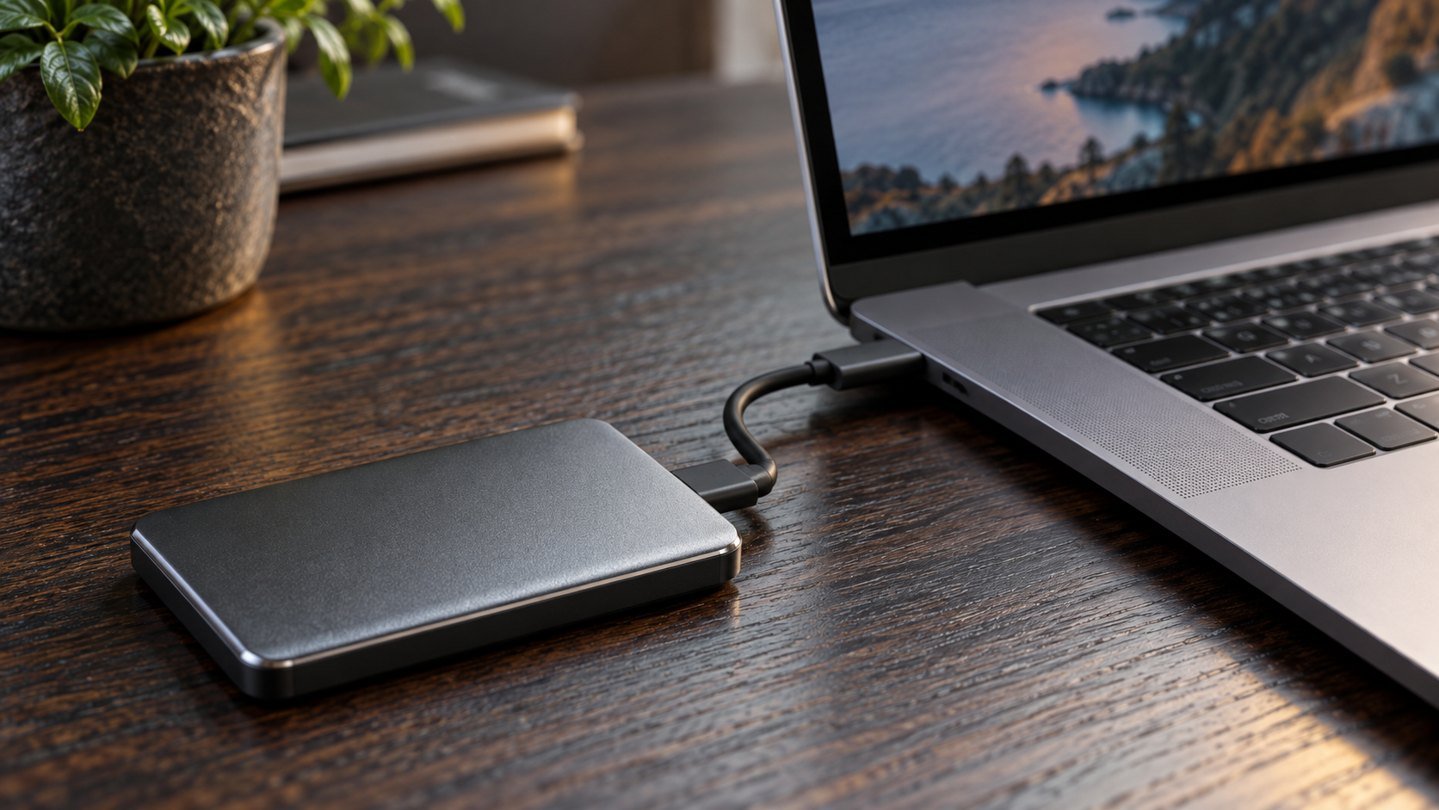 Portable SSD and USB cable beside a laptop