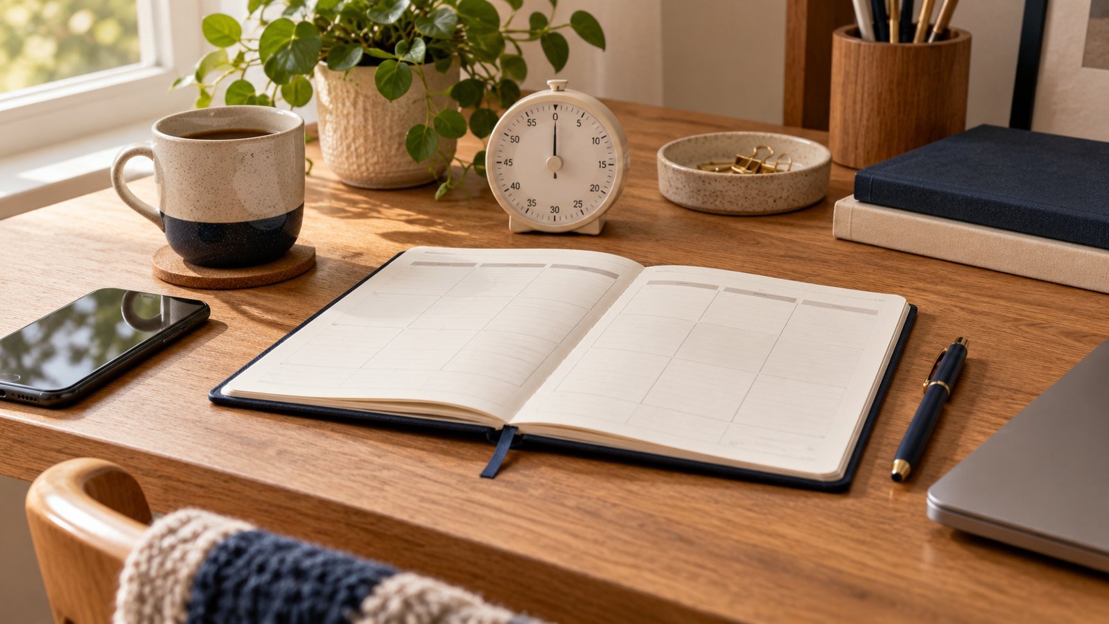 Paper planner, timer and closed phone on a quiet desk
