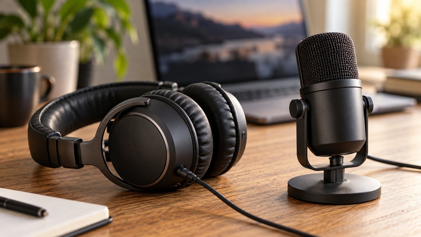 Headset and desktop microphone beside a laptop