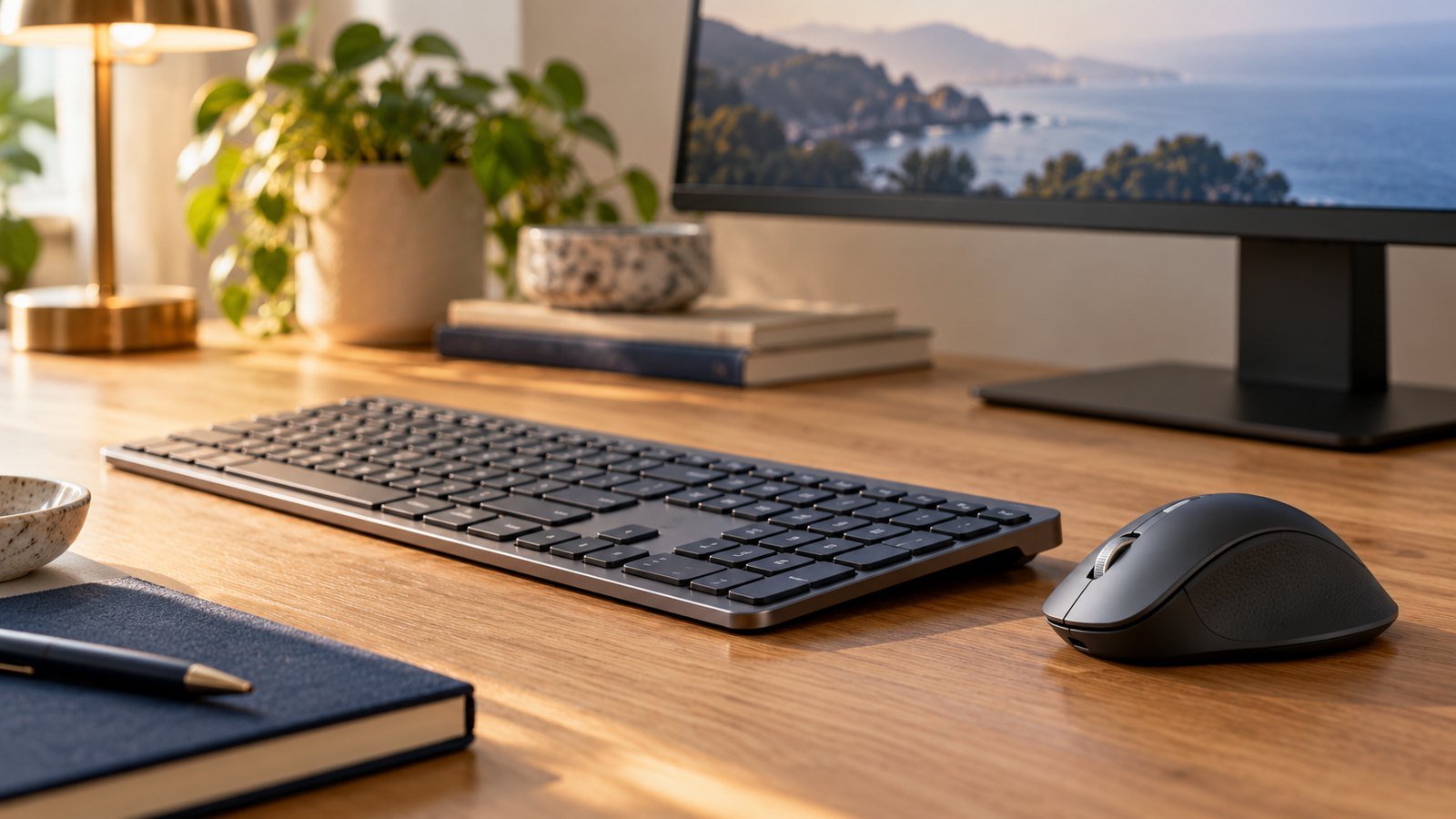 Low-profile keyboard and ergonomic mouse on an oak desk