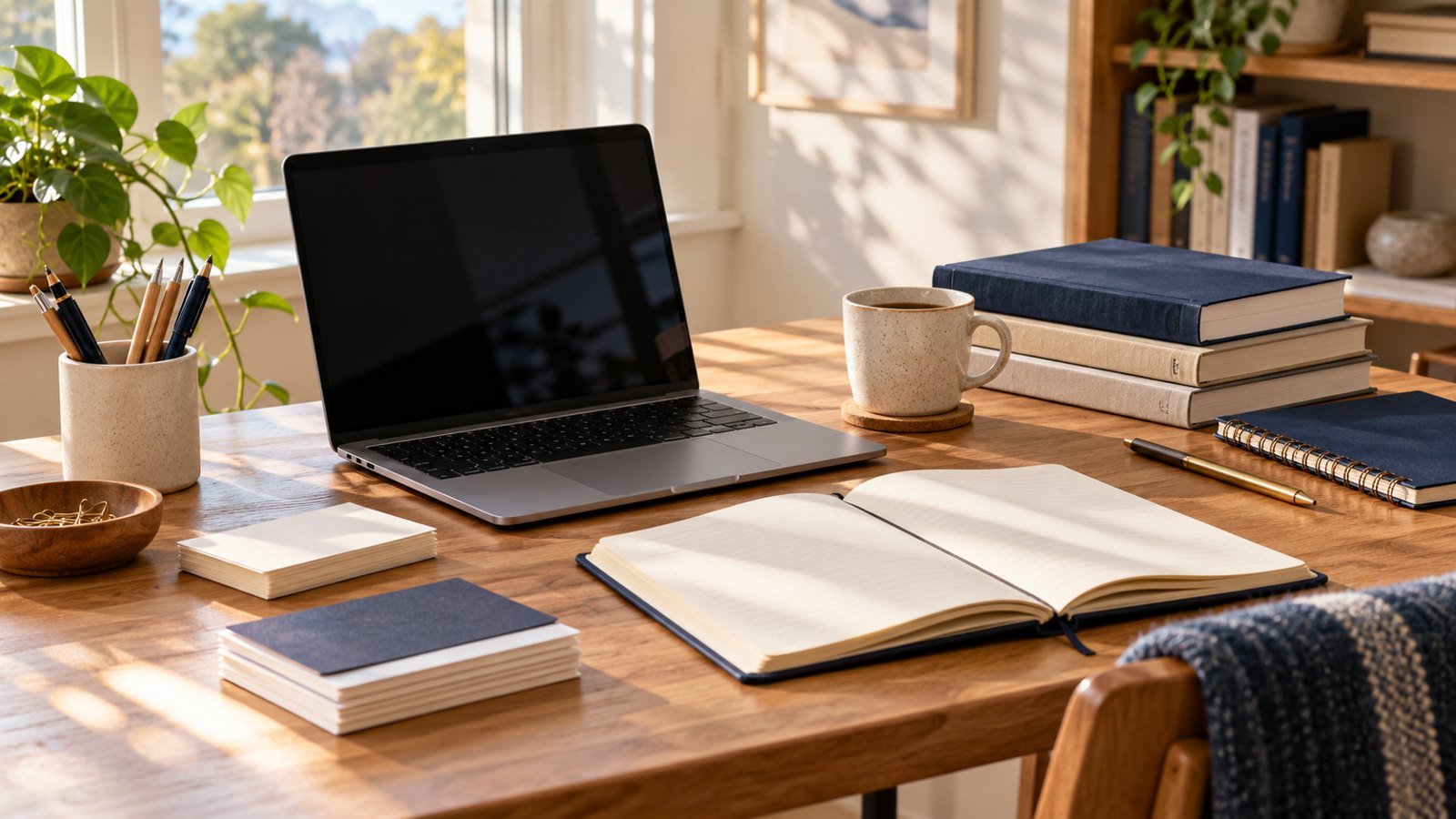 Laptop, open study notebook, textbooks and pencils on a desk