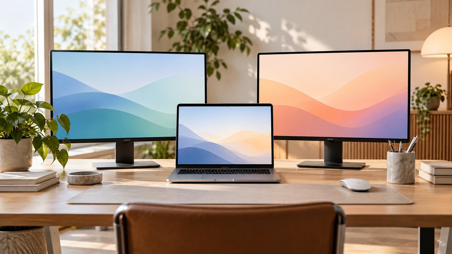 Laptop and two external displays on a desk
