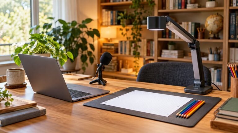 Teaching desk with laptop, document camera, microphone and pencils
