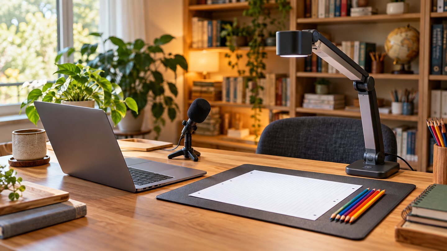 Teaching desk with laptop, document camera, microphone and pencils