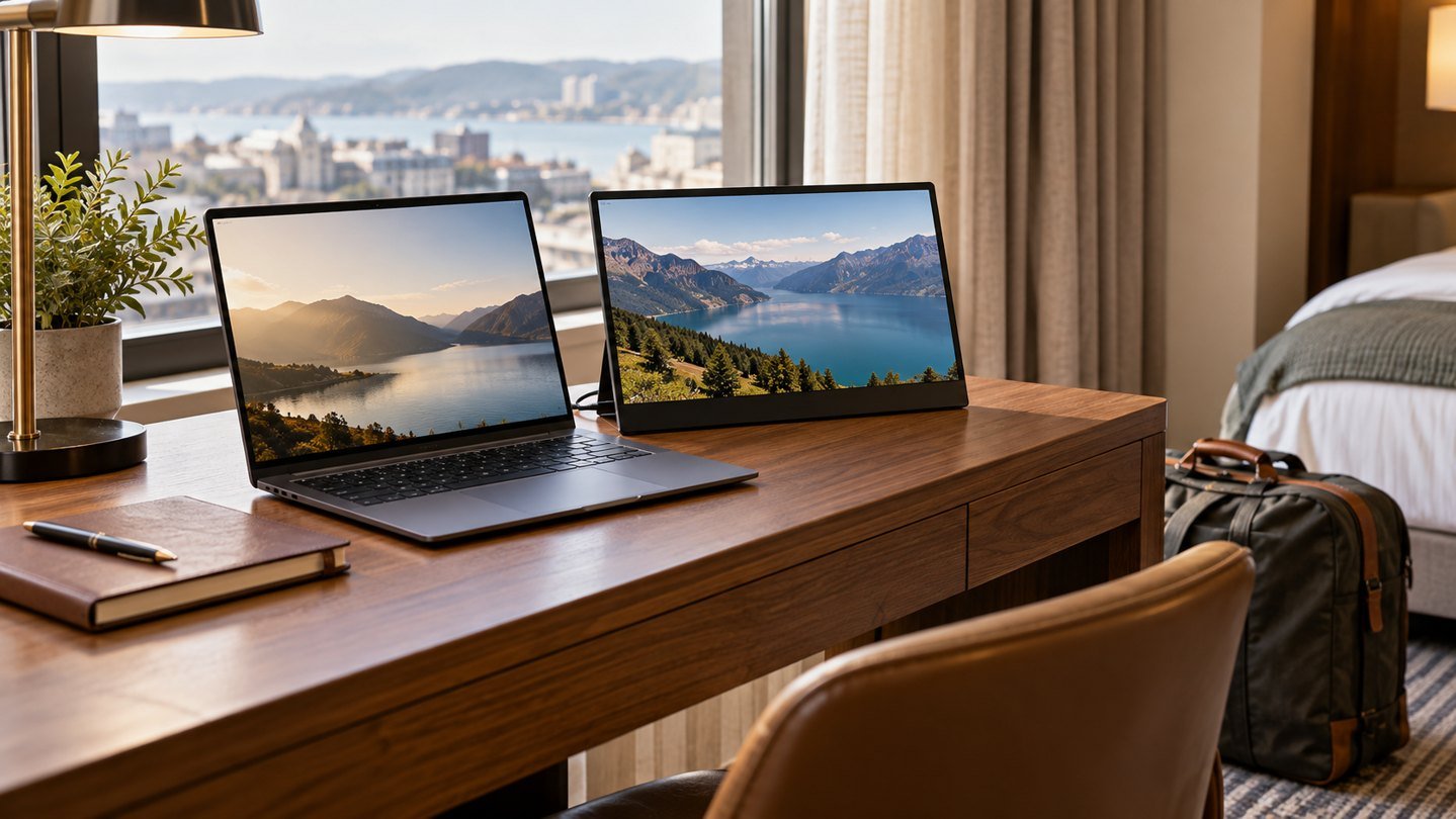 Laptop and portable display on a hotel desk