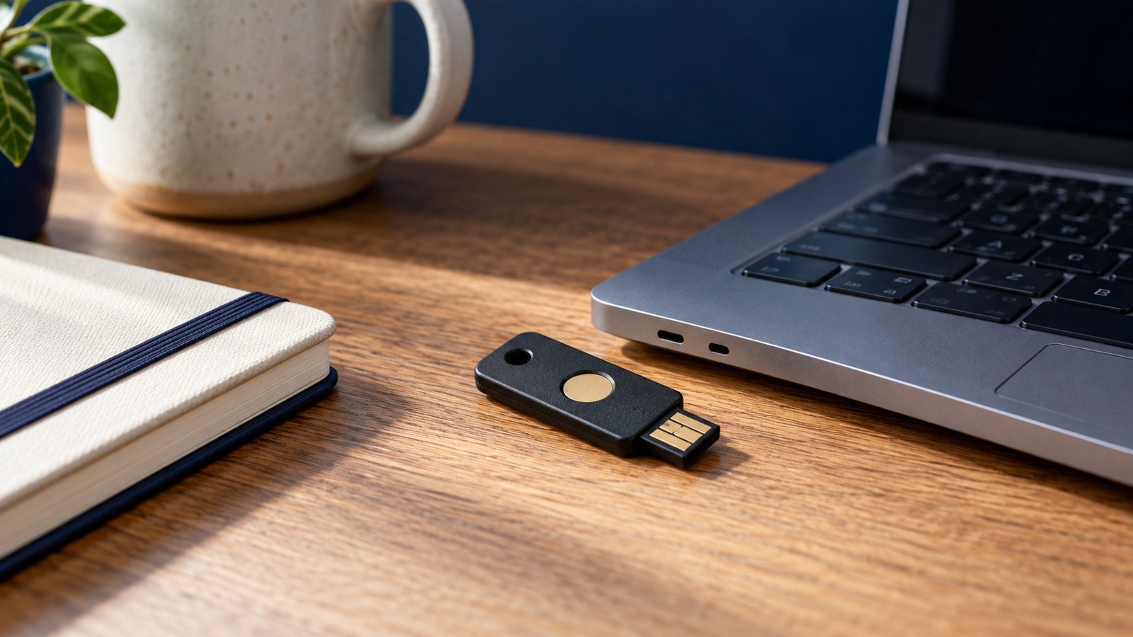 USB hardware security key beside a laptop and closed notebook