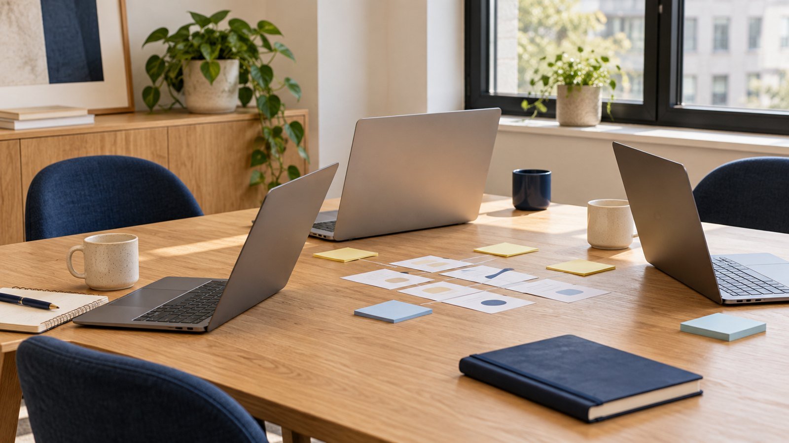 Three laptops and paper workflow cards on a small meeting table