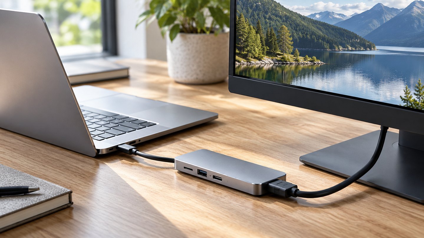 Laptop connected to an external display through a USB-C hub