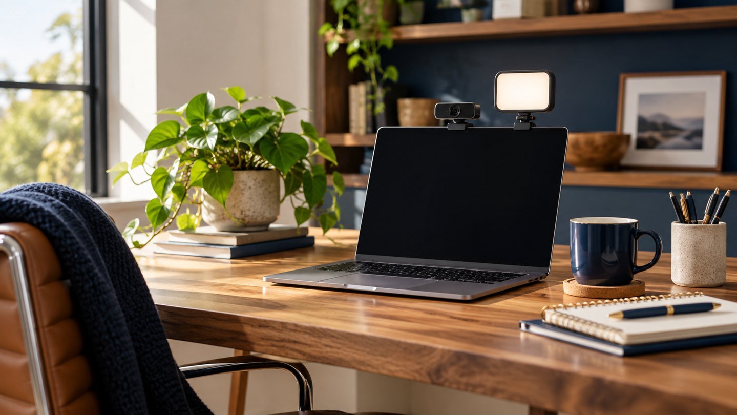 Laptop, webcam and diffused desk light beside a window