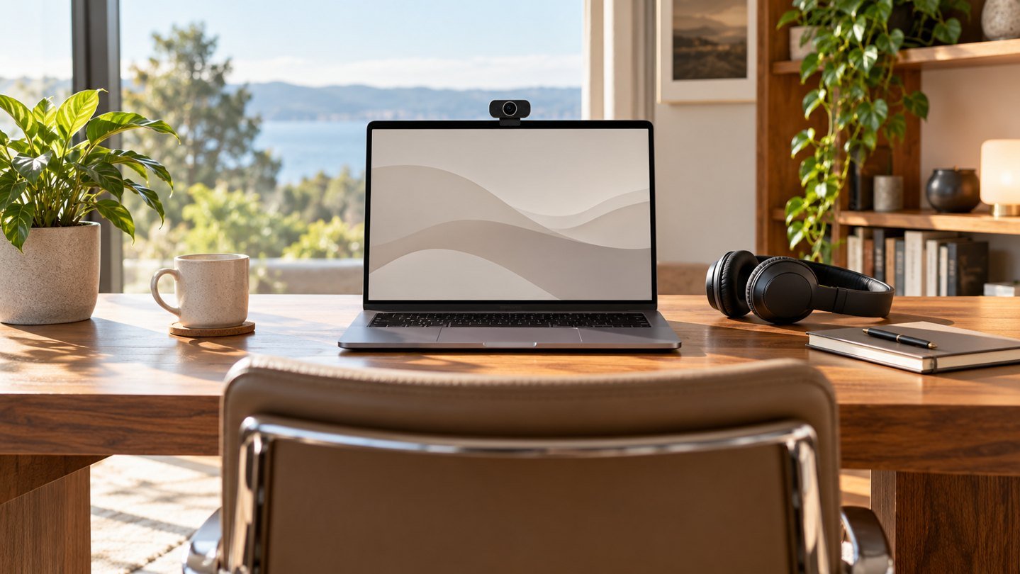 Laptop, webcam, headset and notebook on an interview desk