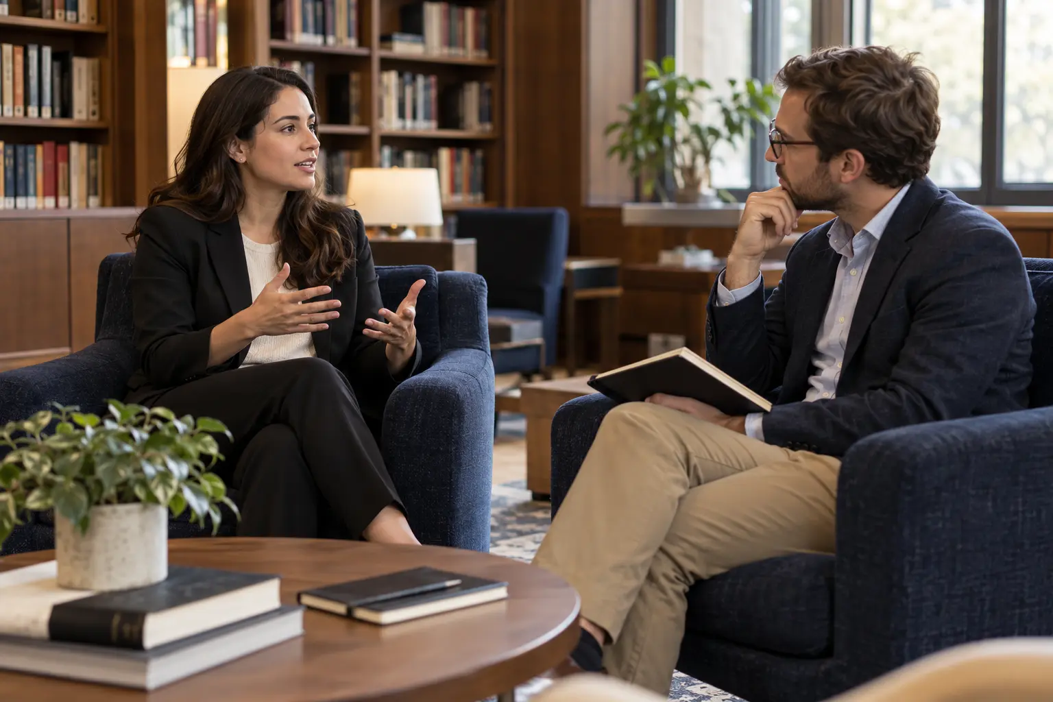 Two professionals practising an interview in a quiet meeting nook.