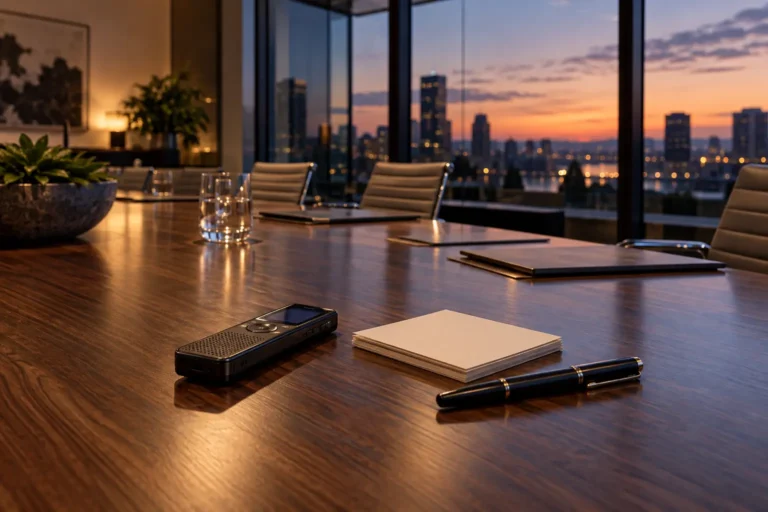 A voice recorder, note cards and pen in an empty meeting room at dusk.