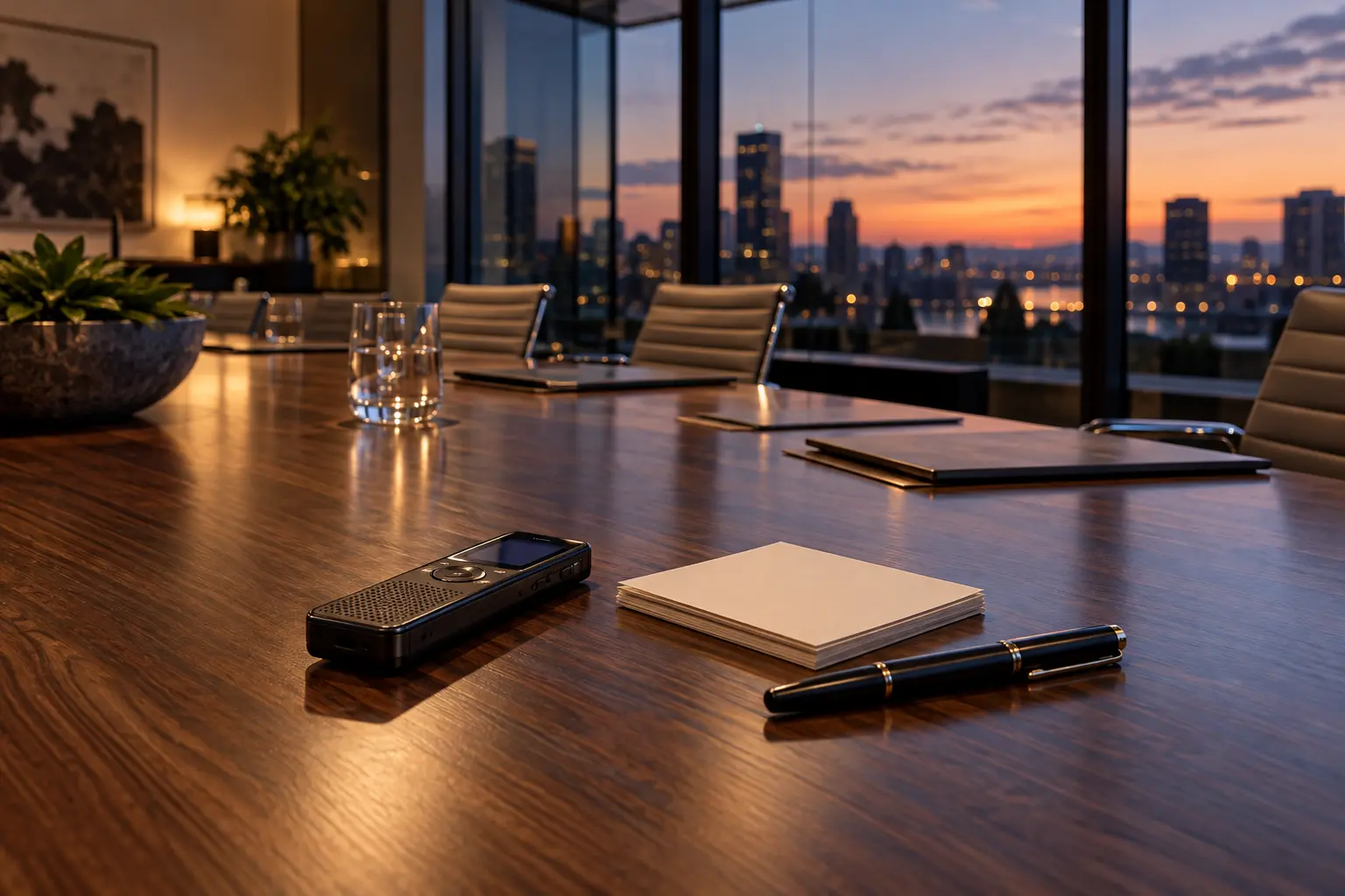 A voice recorder, note cards and pen in an empty meeting room at dusk.