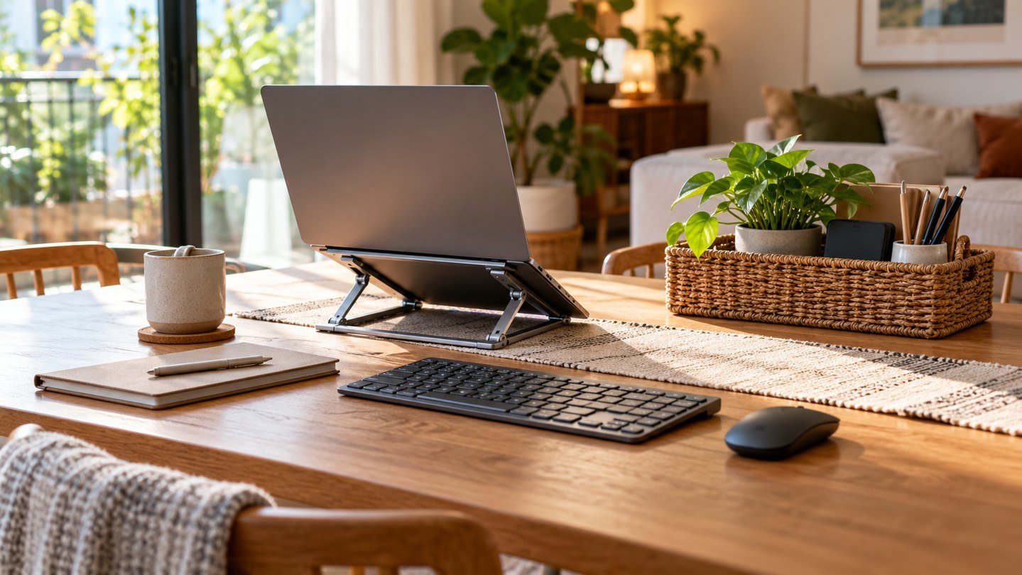 Illustrative folding laptop stand and compact keyboard on a shared dining table