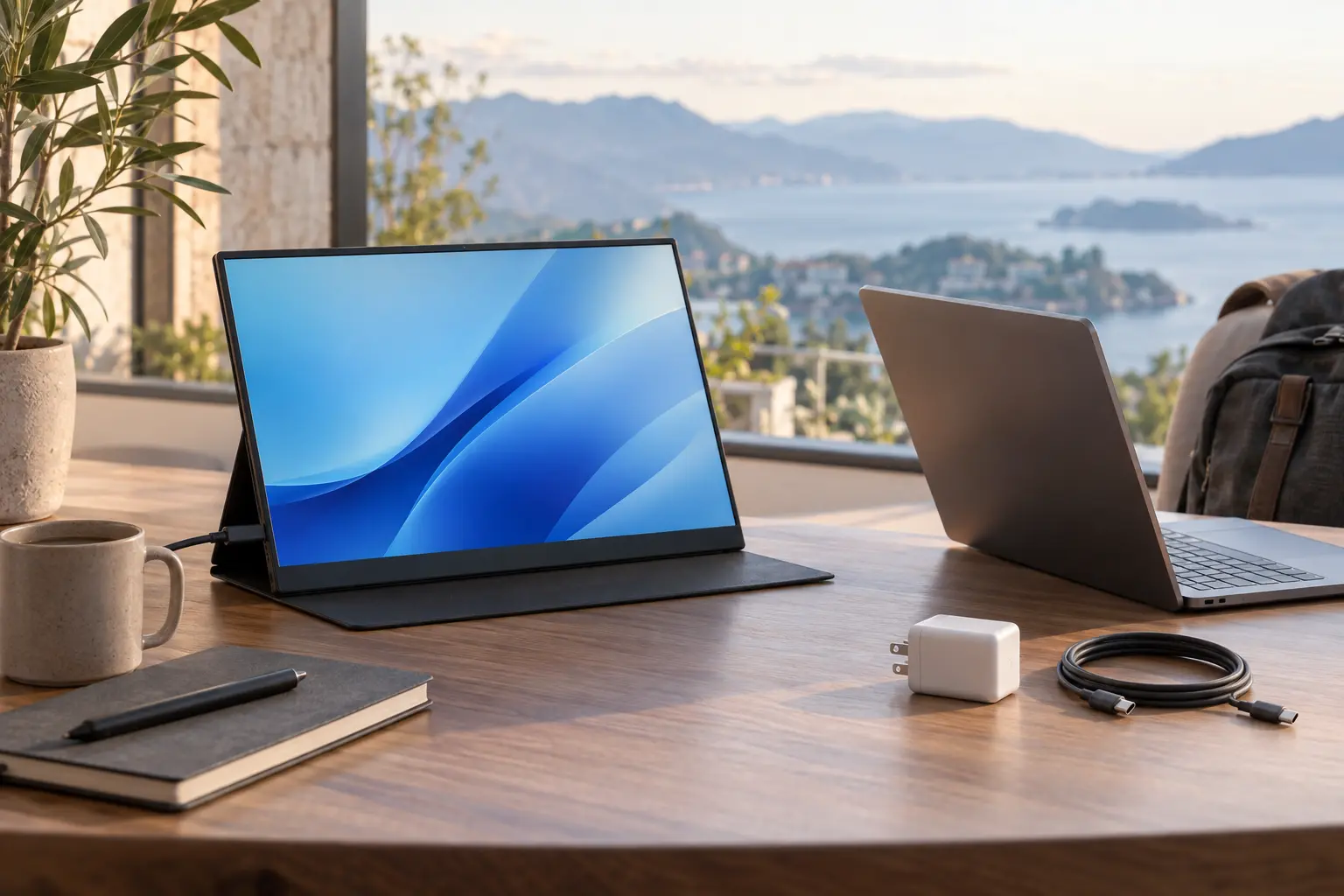 A portable display, laptop, USB-C charger and cable on a travel desk.