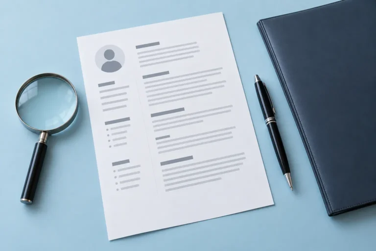 Resume document, magnifying glass and pen on a pale blue surface.
