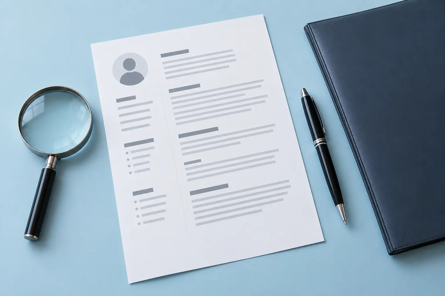 Resume document, magnifying glass and pen on a pale blue surface.