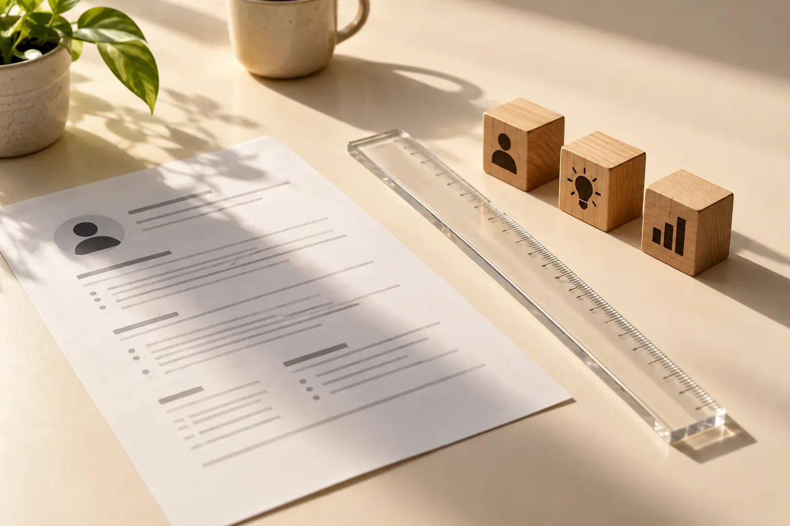 A resume, transparent ruler and wooden assessment blocks in warm light.