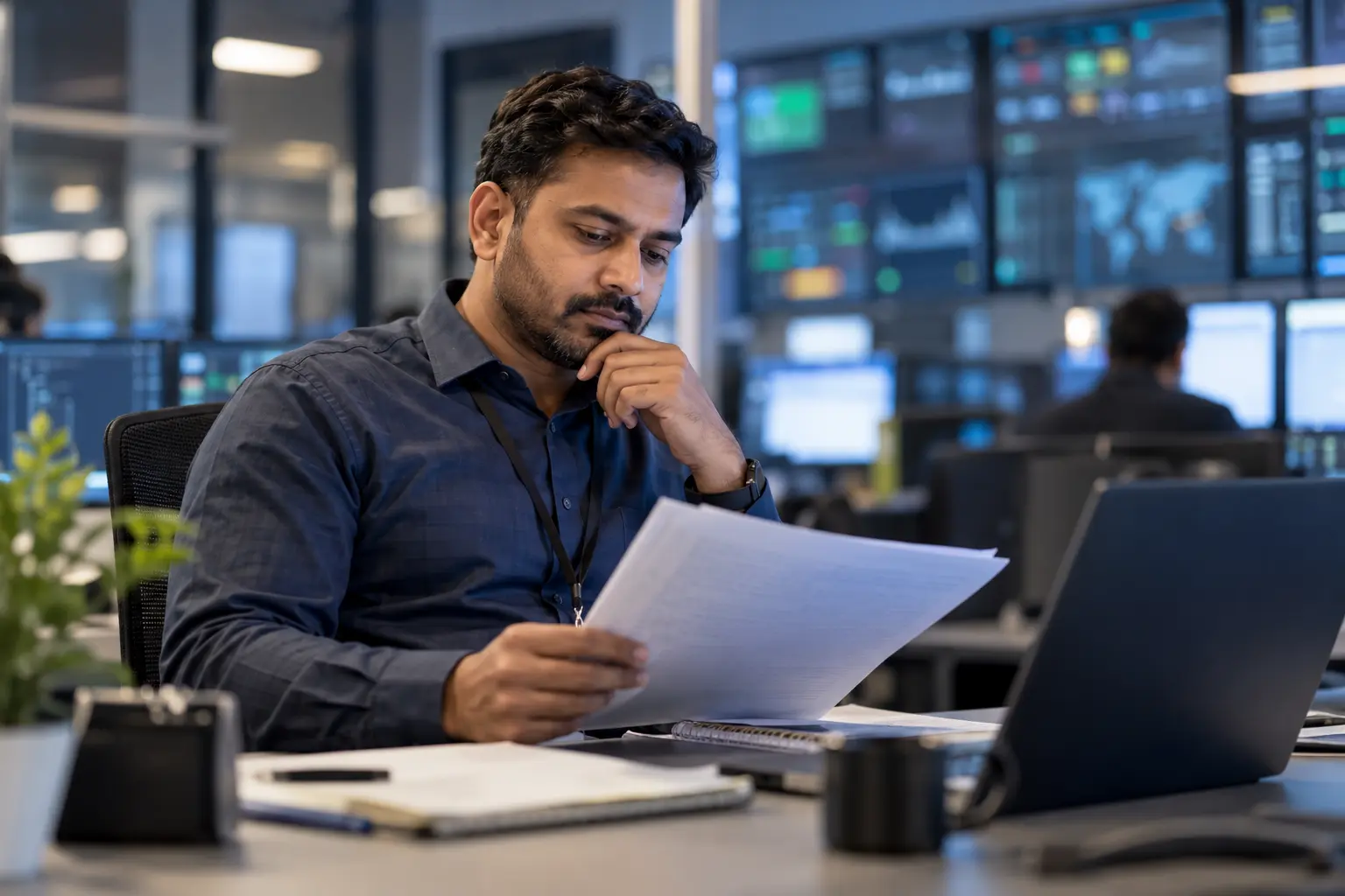An IT support professional reviewing career notes in an operations room.