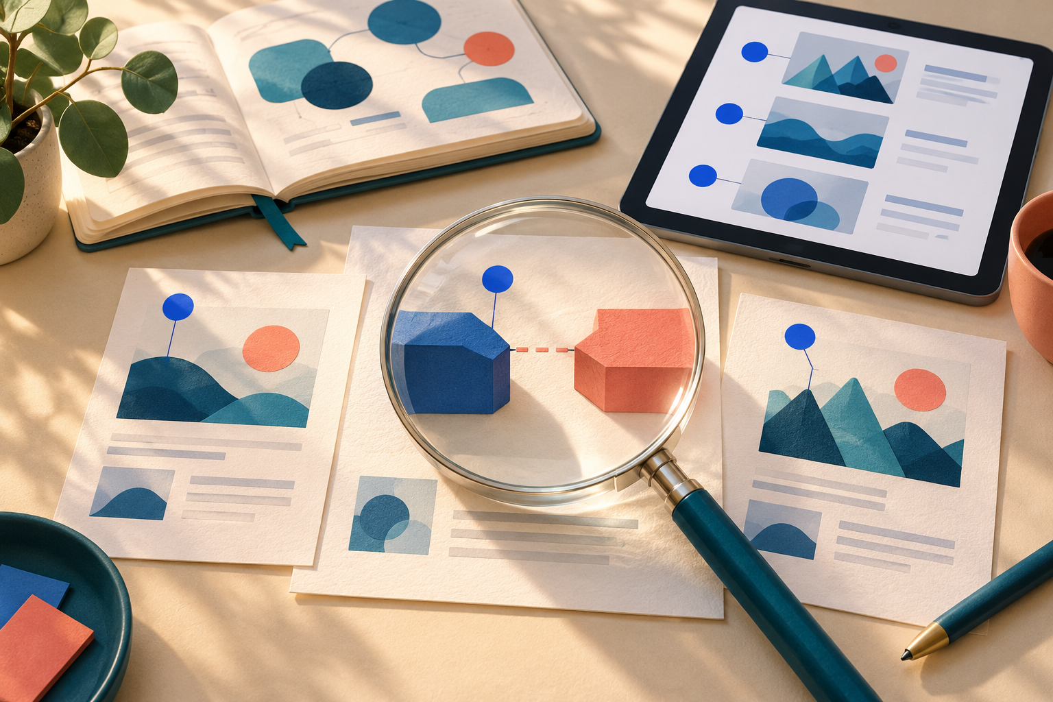 Illustration of a magnifier inspecting a missing connection between abstract evidence blocks on research papers